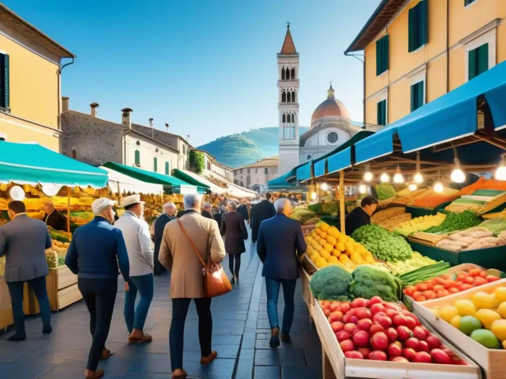 Un mercado italiano al aire libre bullicioso en un día soleado, con productos frescos y sin gluten