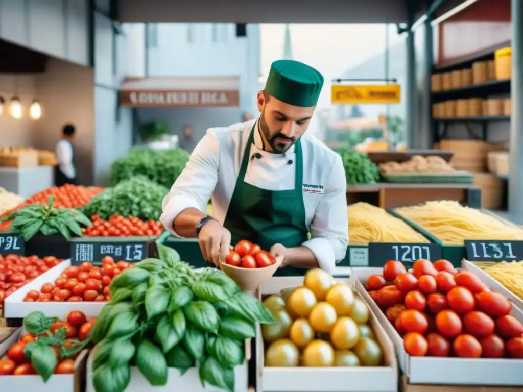 Mercado italiano animado con chefs personalizando menús basados en big data