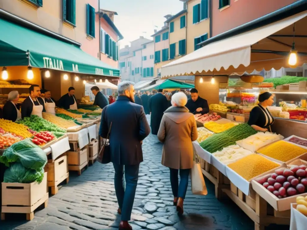 Mercado italiano animado con variedad de comida fresca y colorida, reflejando la fusión cultural en la cocina italiana influenciada por inmigración