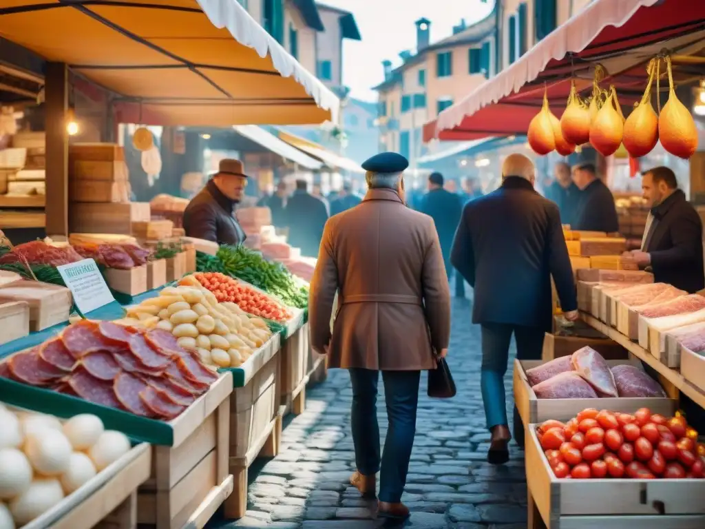 Un mercado italiano animado y vibrante con productos DOP e IGP en Italia: quesos, embutidos y tomates San Marzano