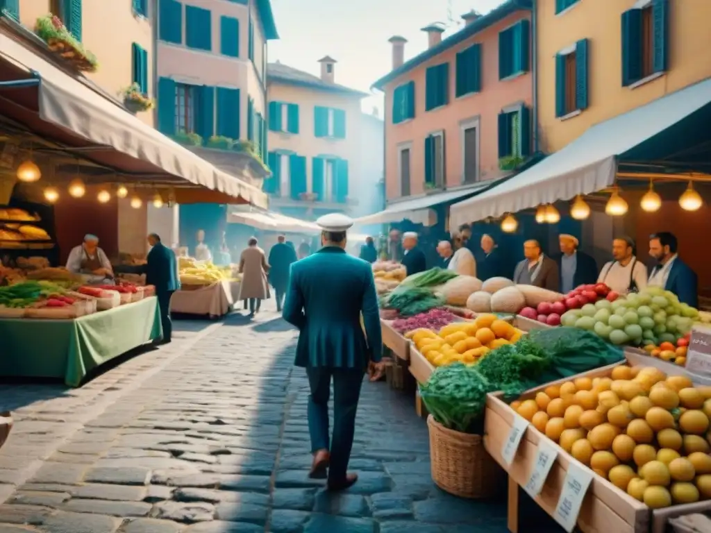 Un mercado italiano antiguo rebosante de vida y colores, reflejando la historia de cambios en los hábitos alimenticios de Italia