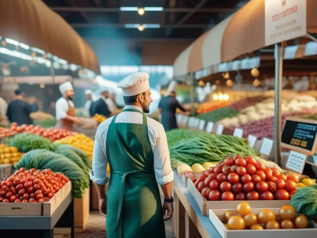 Un mercado italiano bullicioso con agricultores locales y un chef usando tecnología blockchain para ingredientes italianos