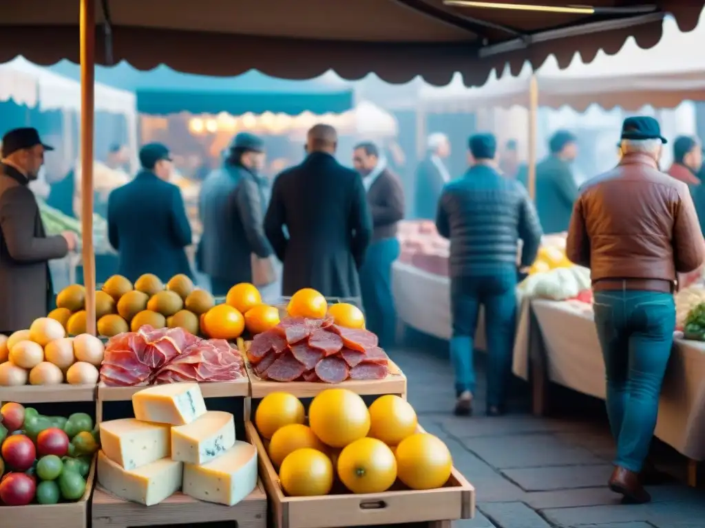 Un mercado italiano bullicioso al atardecer con productos DOP e IGP, lleno de colores vibrantes y vida auténtica