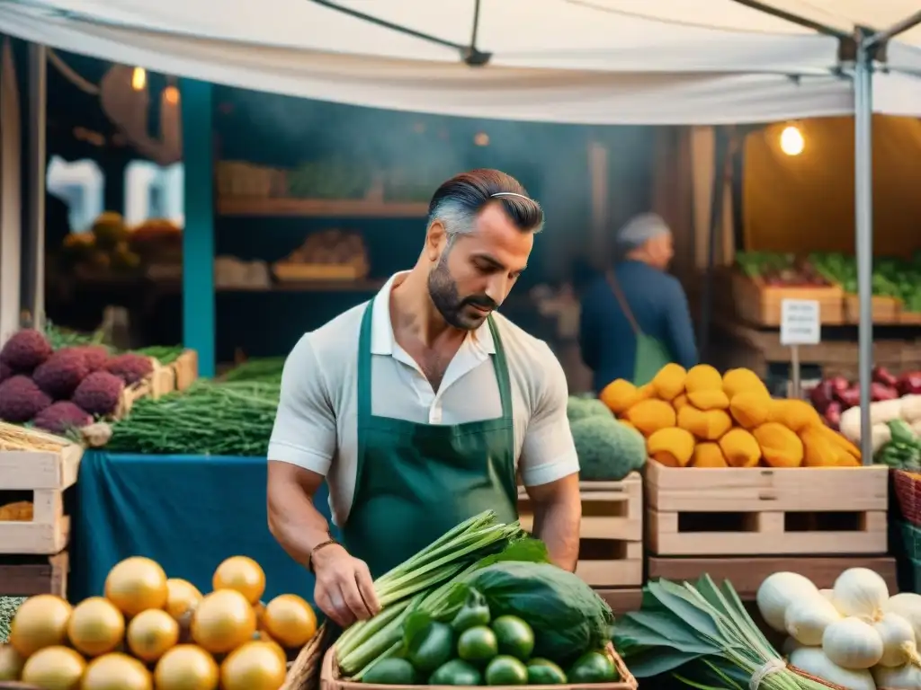 Mercado italiano bullicioso con canciones italianas para enamorarte, puestos coloridos y aroma a hierbas frescas