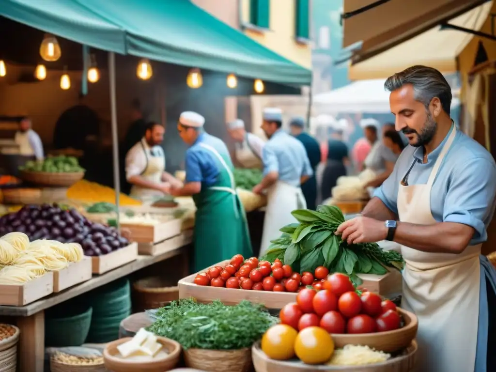 Mercado italiano bullicioso con chefs creando recetas cocina italiana auténticas