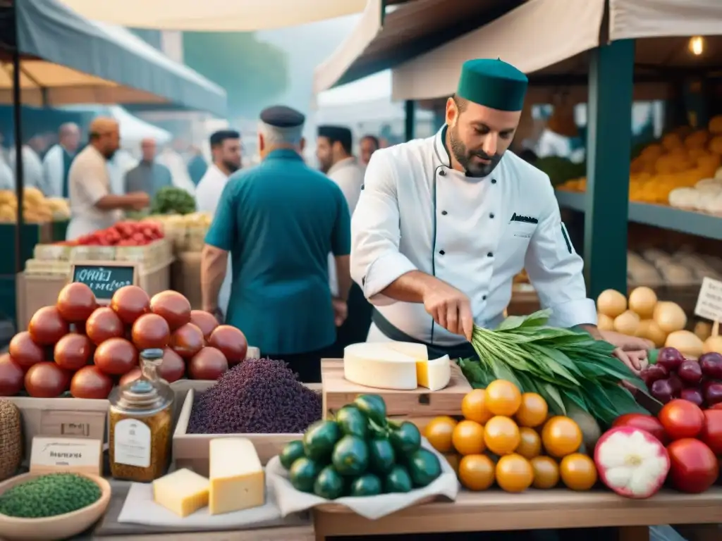 Un mercado italiano bullicioso con chefs emergentes seleccionando ingredientes frescos, especias coloridas y quesos locales