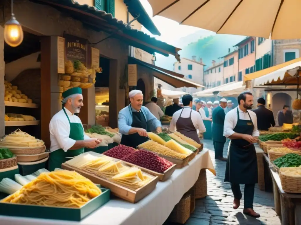 Un mercado italiano bullicioso con chefs seleccionando ingredientes frescos para sus recetas