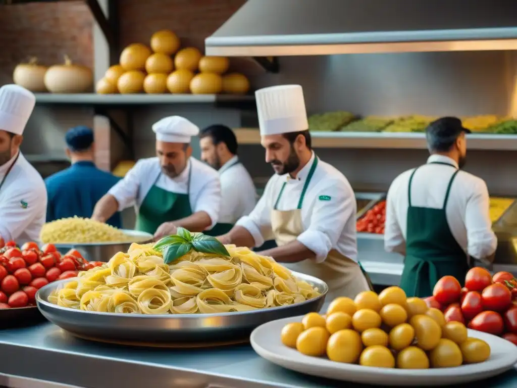 Un mercado italiano bullicioso con colores vibrantes, pasta fresca y el cálido sol italiano