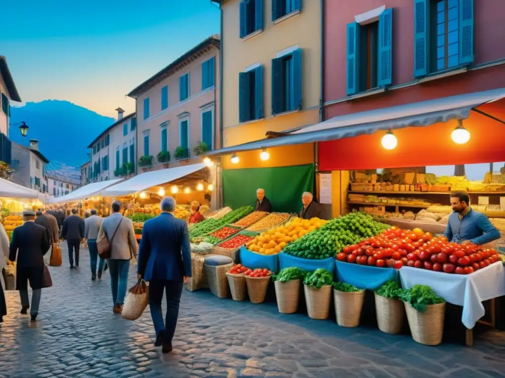 Un mercado italiano bullicioso con colores vibrantes y productos frescos