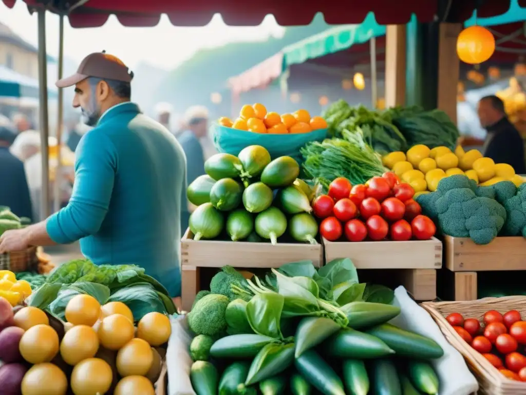 Mercado italiano: colores y sabores en una escena vibrante Un mercado italiano bullicioso con coloridas verduras frescas, locales y turistas explorando puestos, destacando la cultura culinaria italiana