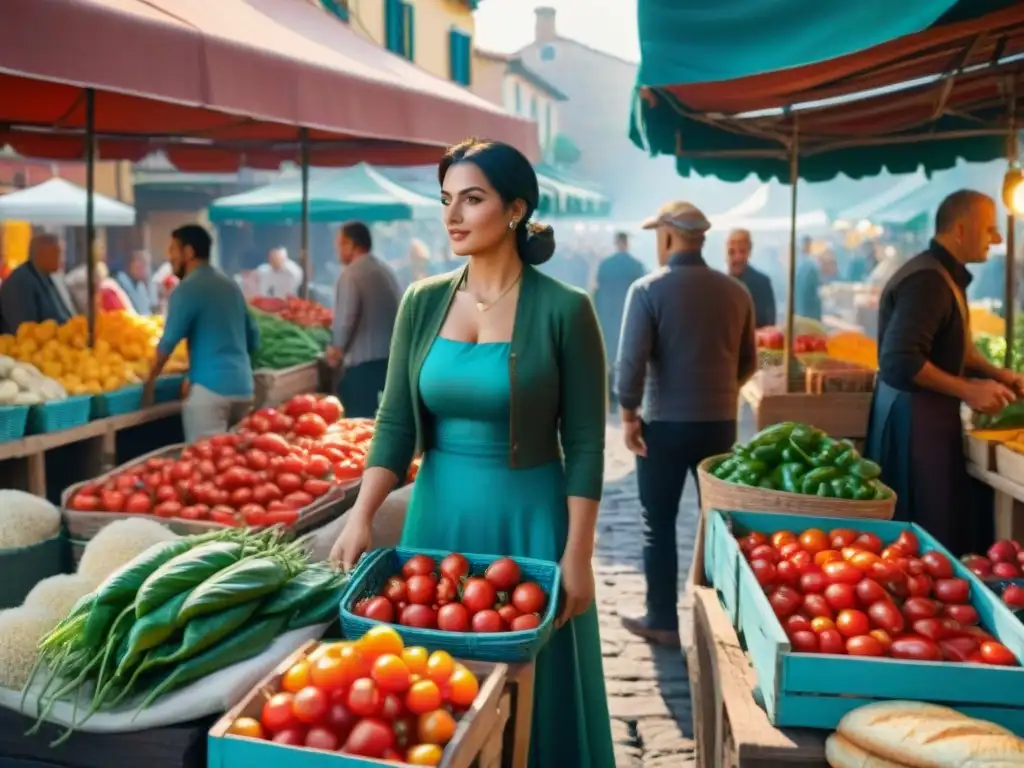 Un mercado italiano bullicioso y colorido con productos frescos y vibrantes