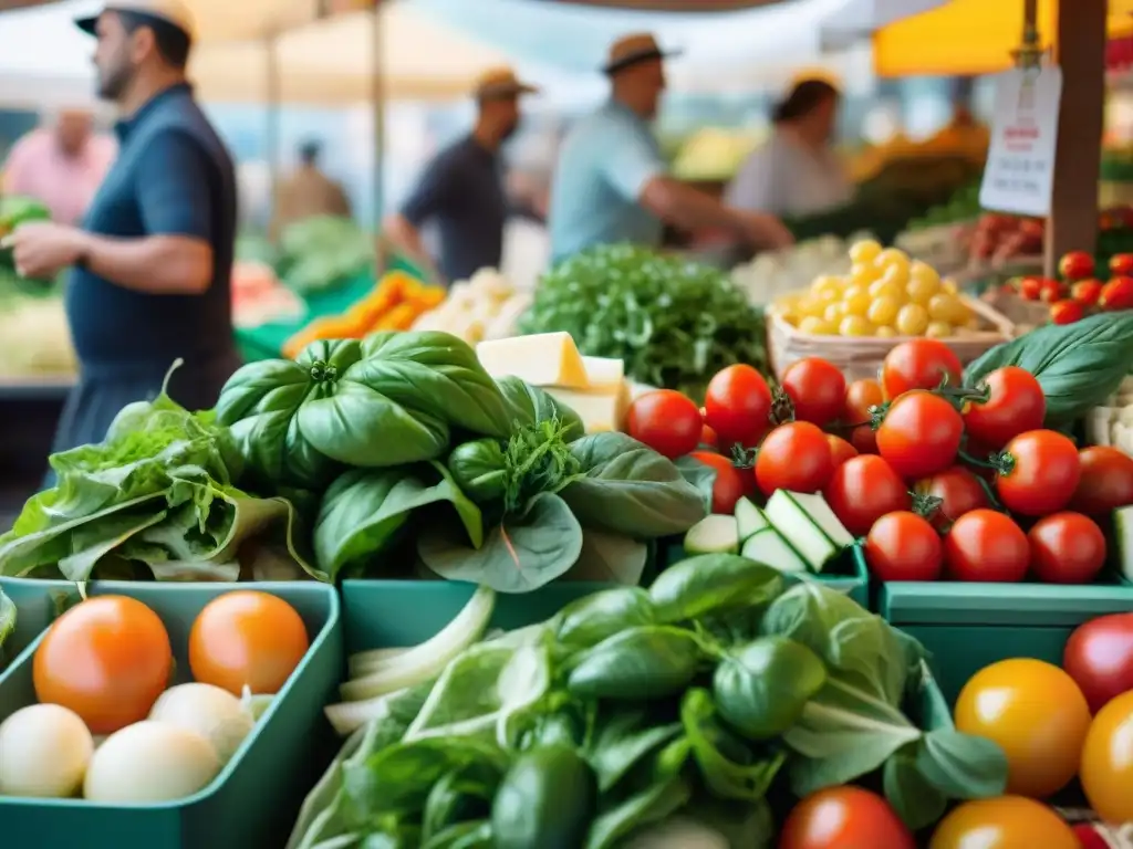 Un mercado italiano bullicioso y colorido, lleno de ingredientes frescos para ensaladas italianas frescas y tradicionales