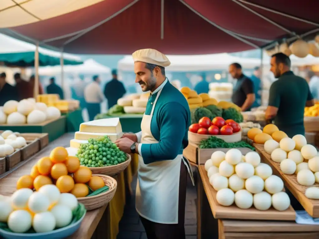 Un mercado italiano bullicioso con Mozzarella di Bufala, destaca el colorido y la herencia culinaria de Italia