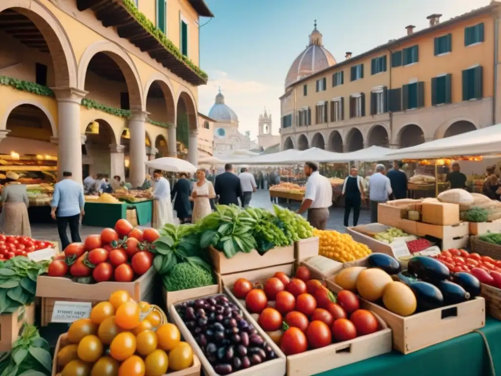 Un mercado italiano bullicioso y colorido, con alimentos frescos como tomates maduros, albahaca fragante, aceitunas y quesos artesanales