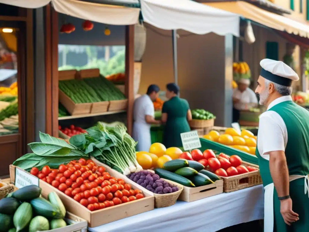 Un mercado italiano bullicioso y colorido, con productos frescos y vendedores locales, iluminado por el sol