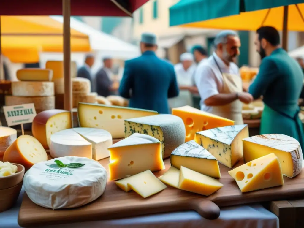 Un mercado italiano bullicioso con coloridos puestos rebosantes de quesos artesanales