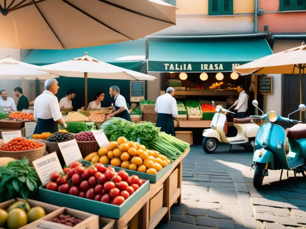 Un mercado italiano bullicioso con coloridos puestos rebosantes de productos frescos y chefs discutiendo recetas con clientes