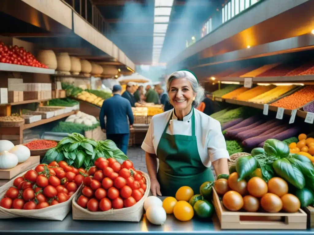 Un mercado italiano bullicioso con coloridos puestos de productos frescos y una nonna compartiendo recetas con un chef joven entre libros de cocina italiana y ollas de salsa de tomate burbujeante