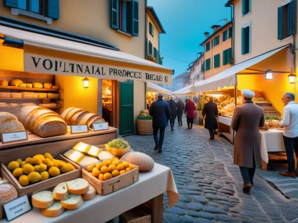 Un mercado italiano bullicioso en el corazón de un pintoresco pueblo del norte, mostrando productos locales y sostenibilidad en cocina norte Italia