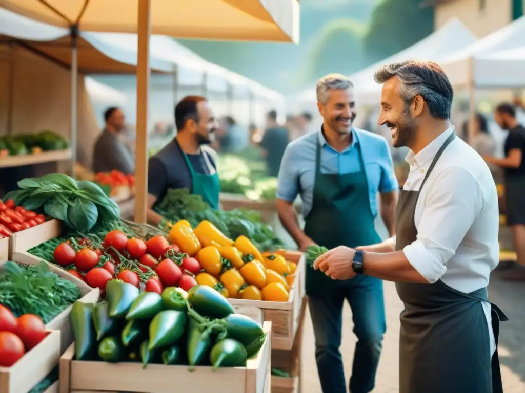 Un mercado italiano bullicioso en un día soleado, con productores locales y chefs seleccionando ingredientes para cocina sostenible