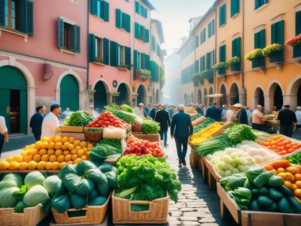 Un mercado italiano bullicioso con exhibiciones vibrantes de vegetales frescos, hierbas coloridas y frutas maduras