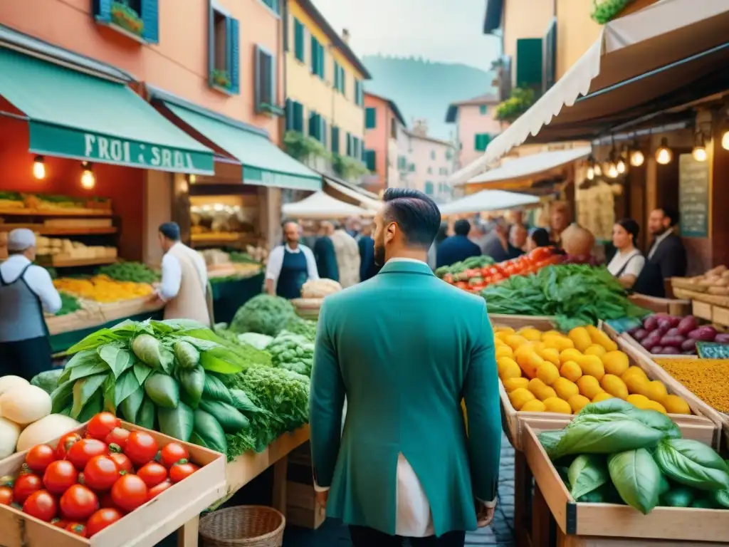 Mercado italiano bullicioso con influencia de inmigración en la cocina, colorido y multicultural