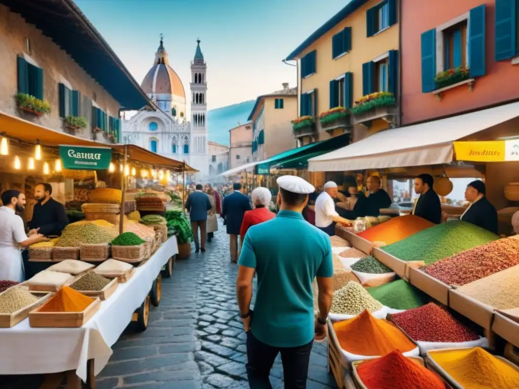 Un mercado italiano bullicioso con influencias extranjeras en cocina italiana