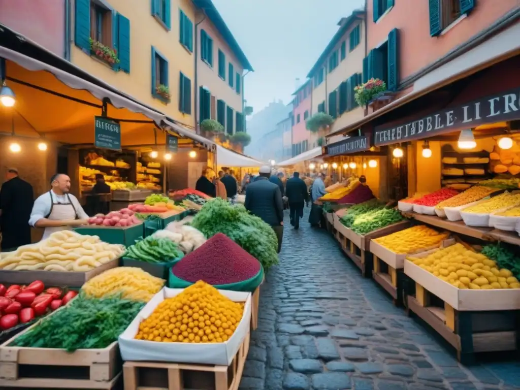 Mercado italiano bullicioso con ingredientes auténticos, colores vibrantes y calles empedradas históricas