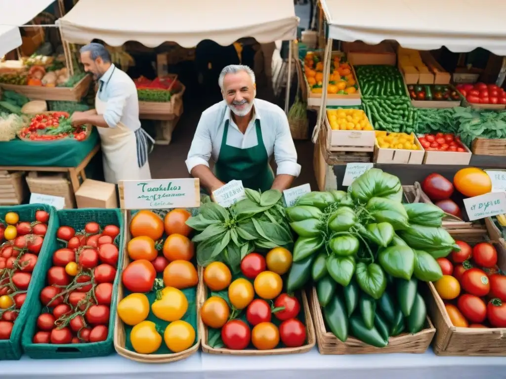 Un mercado italiano bullicioso con ingredientes locales frescos, capturando la esencia de la cocina sostenible