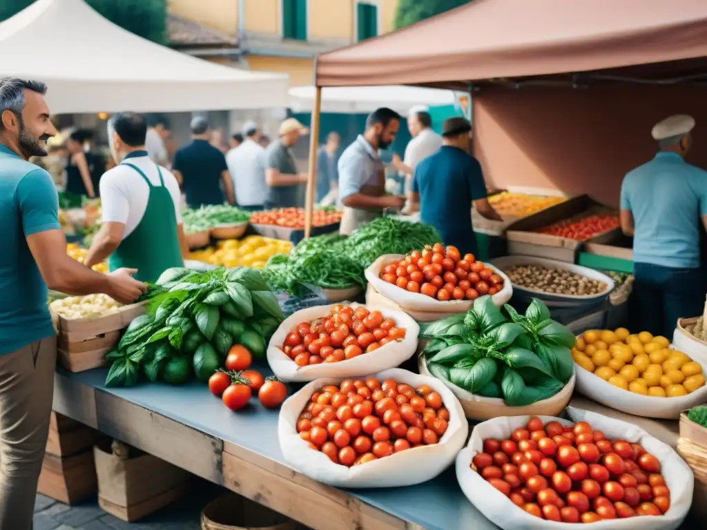 Un mercado italiano bullicioso con ingredientes frescos para una auténtica pizza italiana