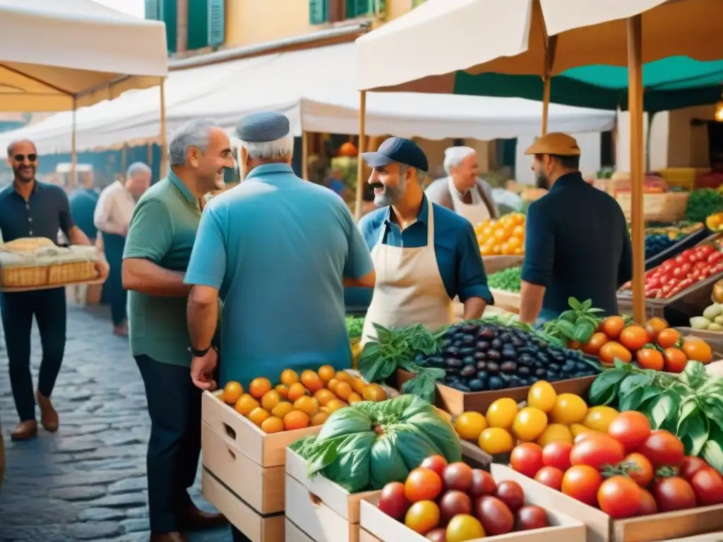 Un mercado italiano bullicioso con ingredientes frescos y coloridos como tomates, albahaca, aceitunas y quesos artesanales