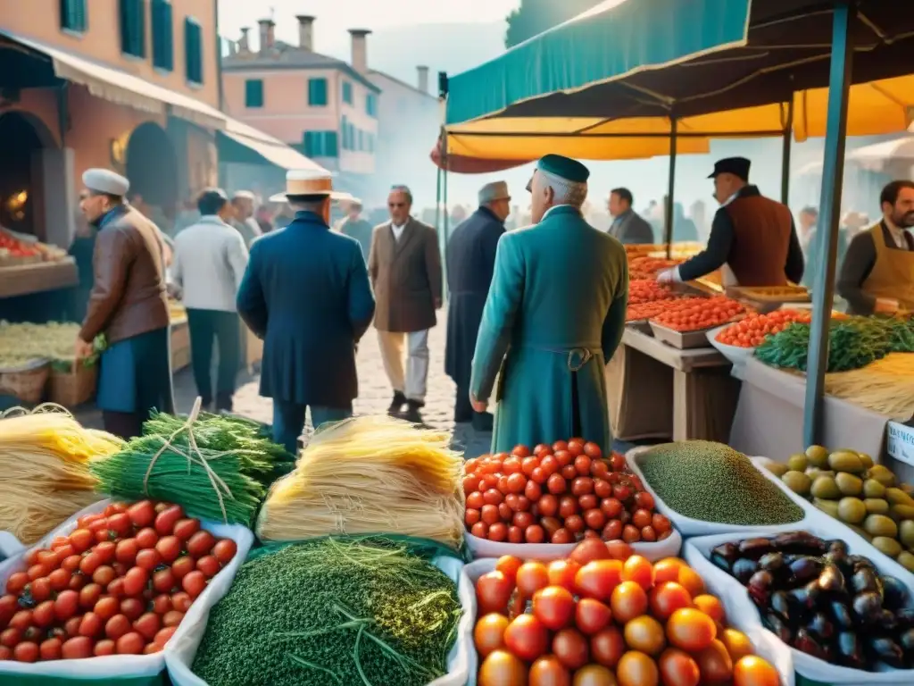 Un mercado italiano bullicioso con ingredientes clave de la Historia Spaghetti alla Puttanesca