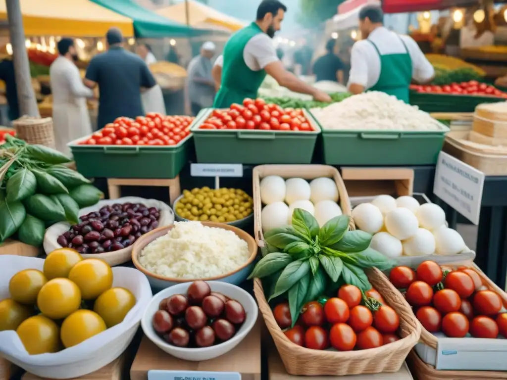 Un mercado italiano bullicioso con ingredientes frescos y coloridos, que fusionan influencias griegas en la lasaña italiana