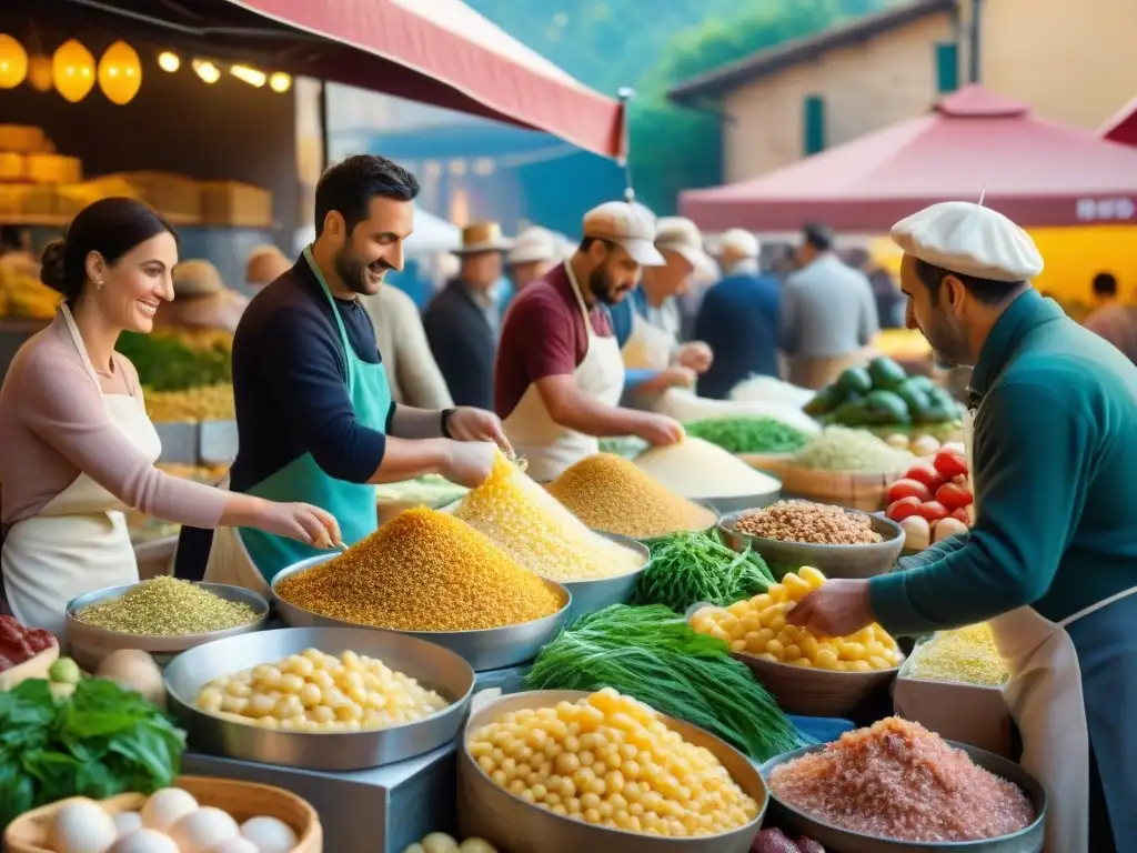 Un mercado italiano bullicioso, con ingredientes frescos para la historia auténtica salsa carbonara tradicional