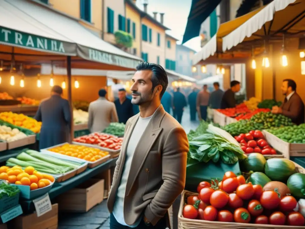 Un mercado italiano bullicioso al amanecer con ingredientes locales para cocina sostenible