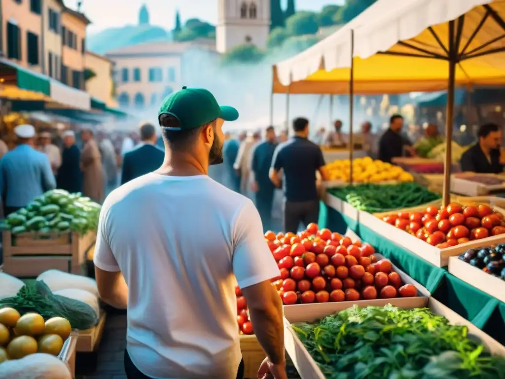Mercado italiano vibrante: colores frescos y aromas mediterráneos Mercado italiano bullicioso con ingredientes dieta Mediterránea Italia en un día soleado y vibrante