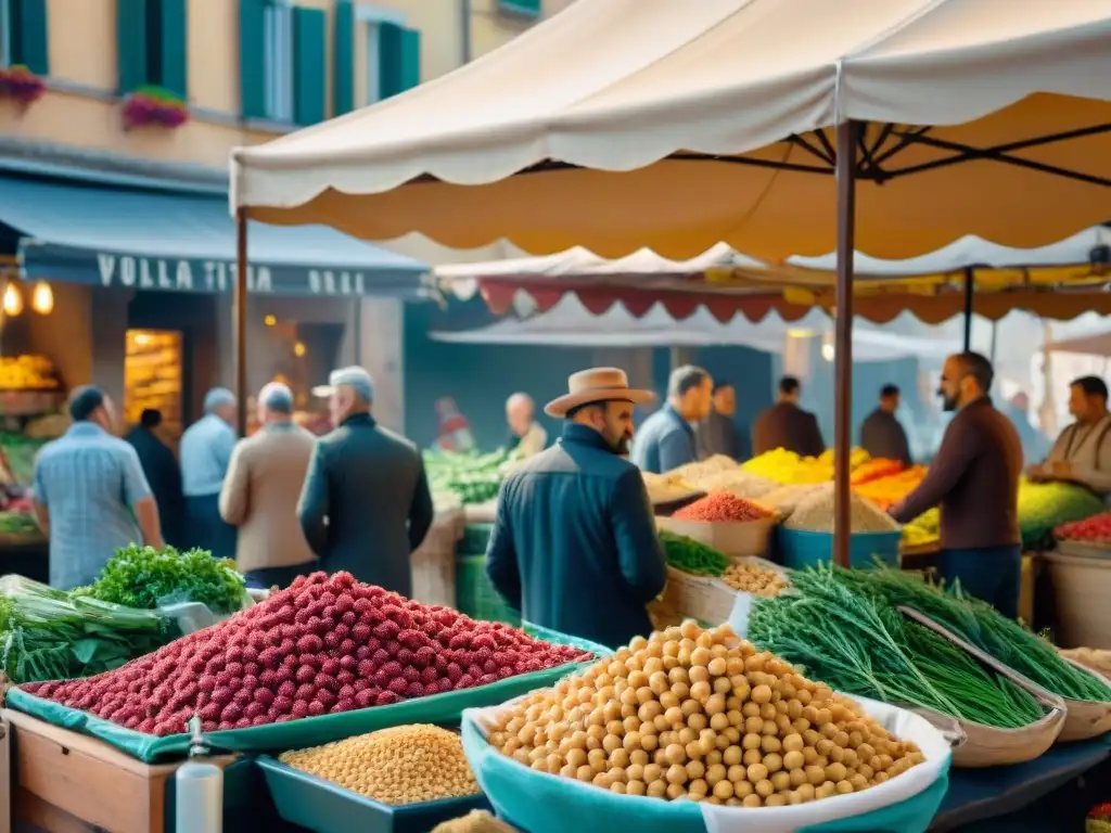 Mercado italiano bullicioso con legumbres frescas y coloridas