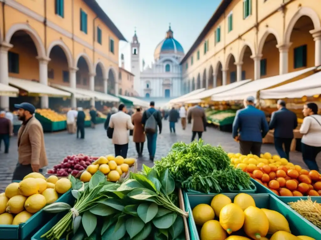 Un mercado italiano bullicioso con limones frescos, hierbas fragantes y vegetales coloridos, frente a arquitectura tradicional