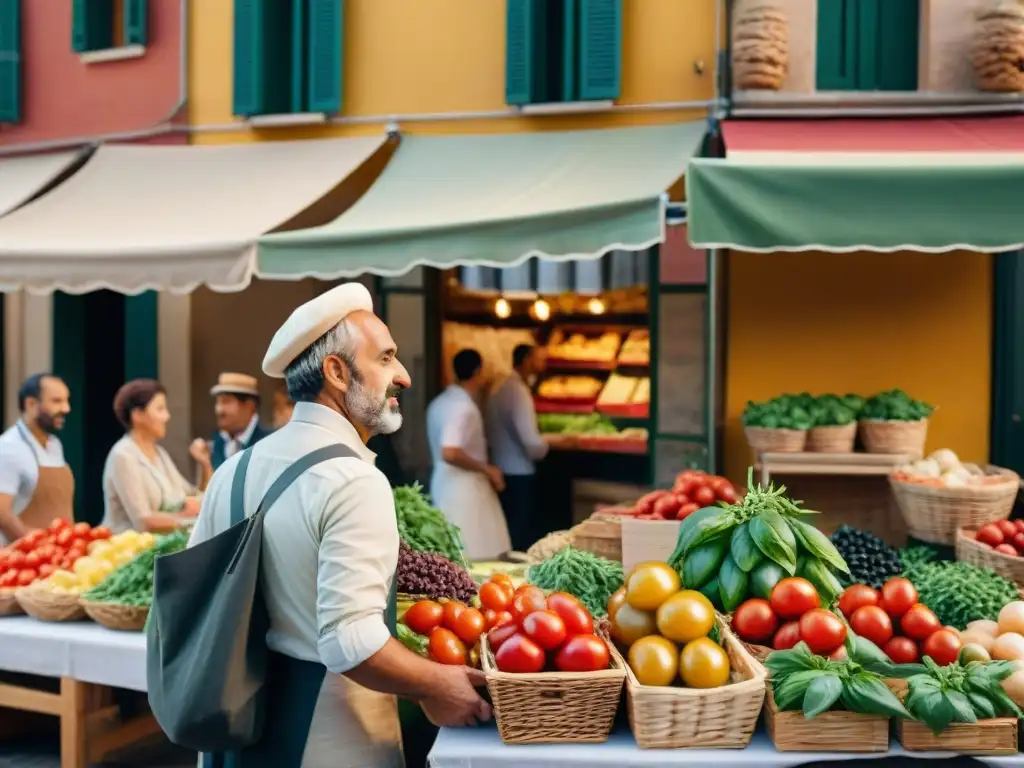 Un mercado italiano bullicioso lleno de colores y aromas, con vendedores y clientes animados, resaltando la tradición culinaria italiana ingredientes