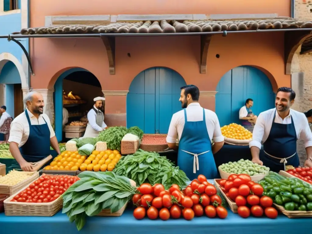 Un mercado italiano bullicioso, lleno de vida y color, donde locales eligen ingredientes para sus platos italianos tradicionales y tendencias