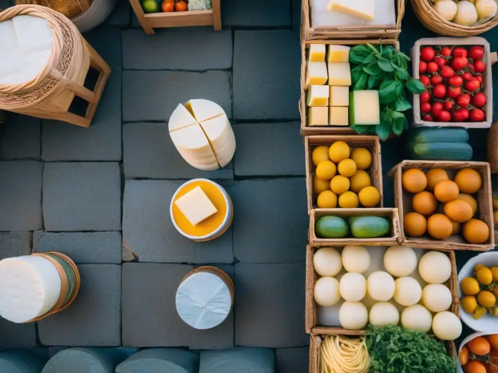 Un mercado italiano bullicioso, lleno de coloridas paradas con productos frescos, quesos artesanales y pasta casera, en un ecosistema de alimentos sostenible donde se reduce el desperdicio