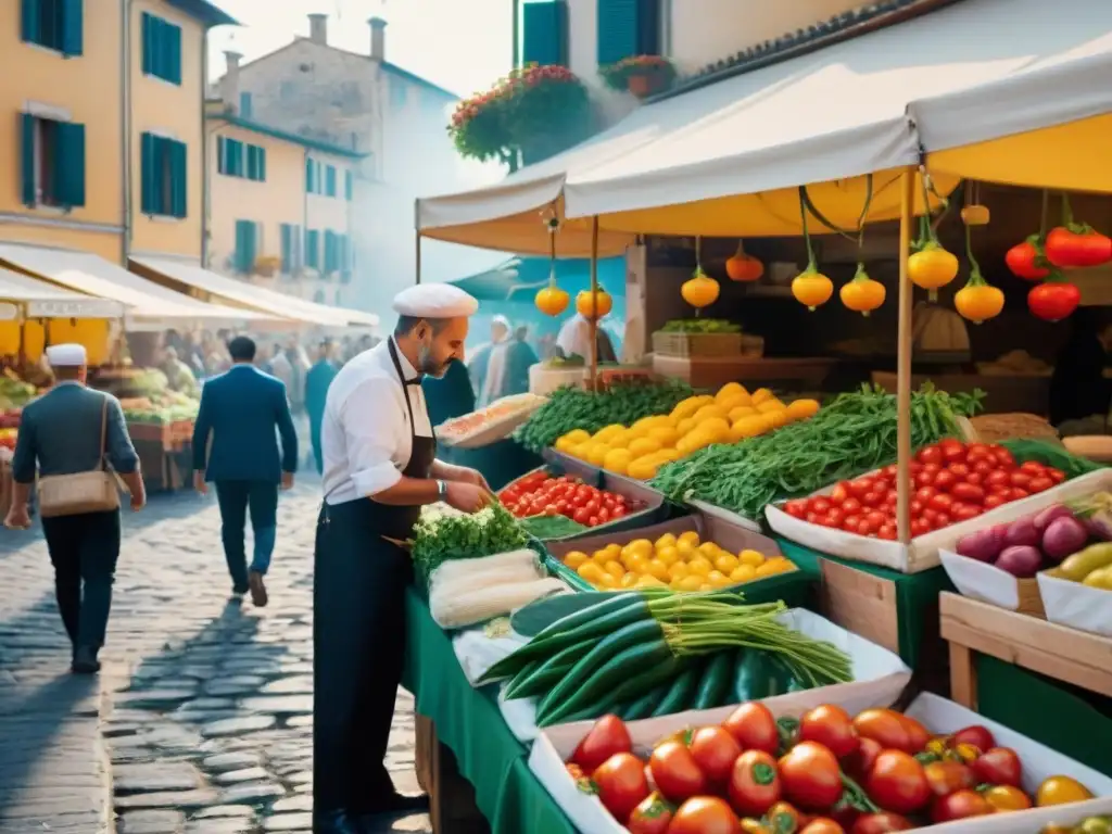 Un mercado italiano bullicioso, lleno de puestos vibrantes con productos frescos