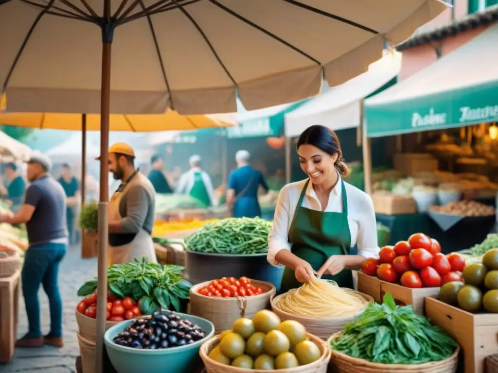 Un mercado italiano bullicioso, lleno de puestos coloridos con productos frescos, donde se respira la auténtica atmósfera culinaria italiana