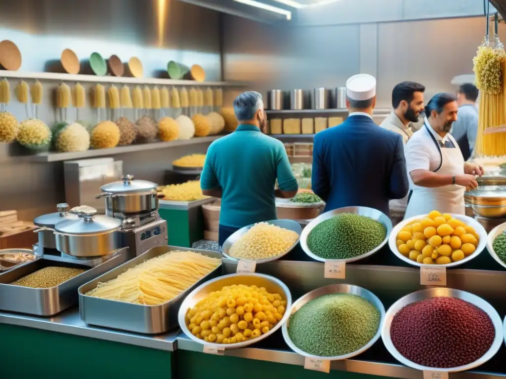 Un mercado italiano bullicioso lleno de utensilios de cocina italianos modernos y tradicionales en exhibición, con compradores explorando la escena vibrante