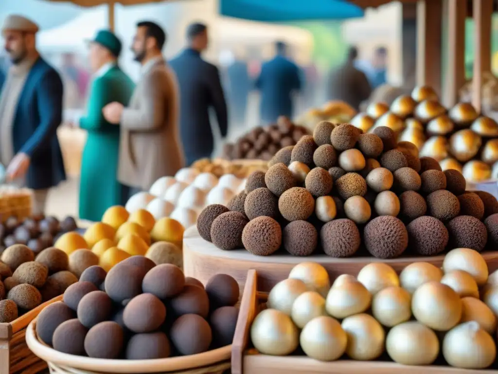 Un mercado italiano bullicioso lleno de trufas y setas exóticas en coloridas paradas de madera