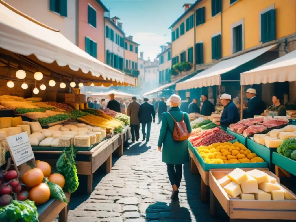 Un mercado italiano bullicioso lleno de puestos coloridos de productos frescos y tradicionales bajo el cálido sol mediterráneo