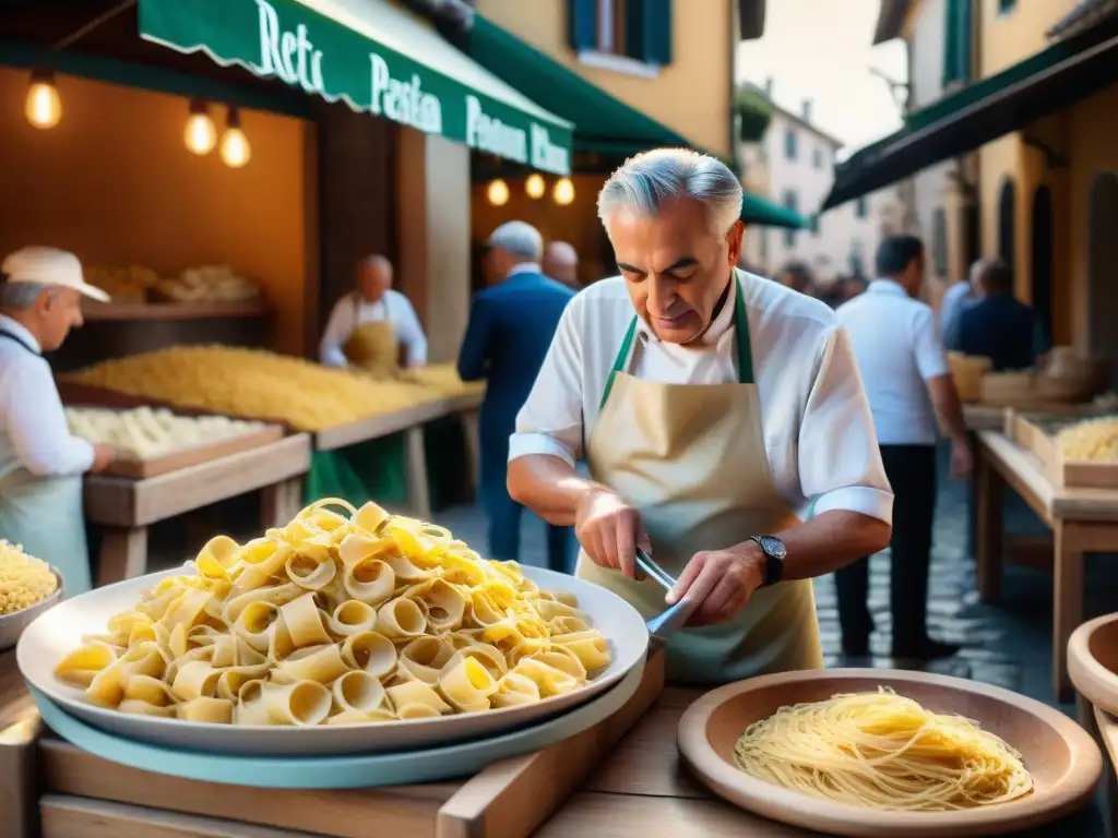 Un mercado italiano bullicioso con pasta fresca en puestos de madera