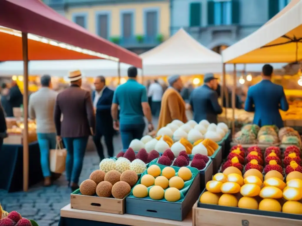 Un mercado italiano bullicioso donde se venden postres italianos sostenibles deliciosos