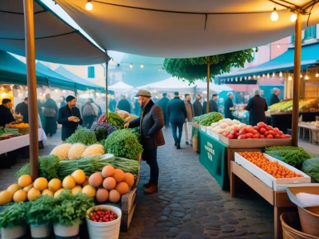 Mercado agrícola italiano bullicioso con productos frescos bajo toldos coloridos y trattoria sostenible al fondo