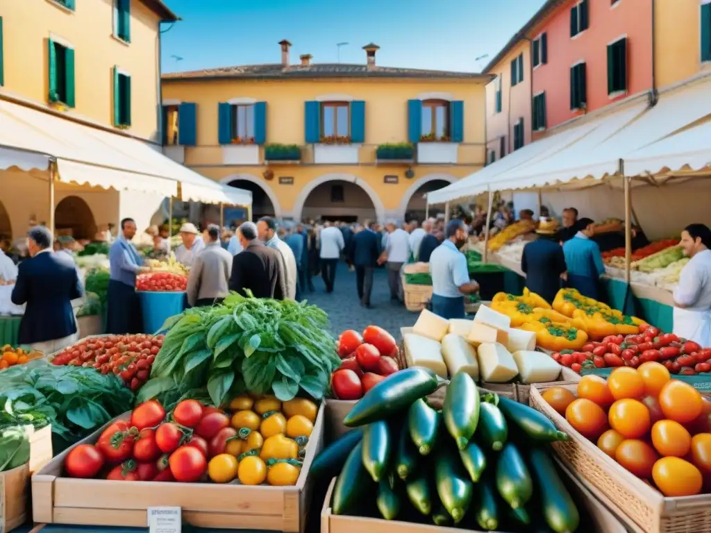 Un mercado italiano bullicioso con productos frescos y coloridos, reflejando la cocina sostenible y la gastronomía responsable